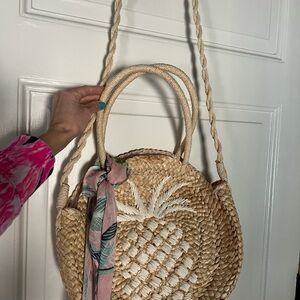 Spartin Straw Pineapple Tote Bag with Pink Scarf Accent